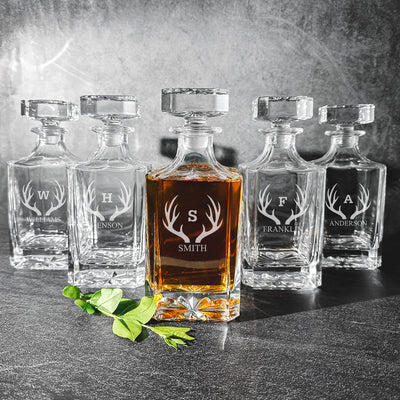 Groomsmen Gift Set of 5 Personalized Square Decanters - Antlers - JDS