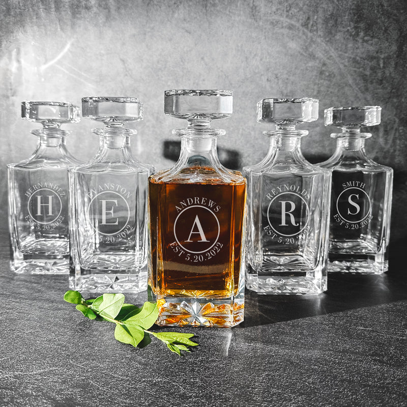 Groomsmen Gift Set of 5 Personalized Square Decanters - Circle - JDS