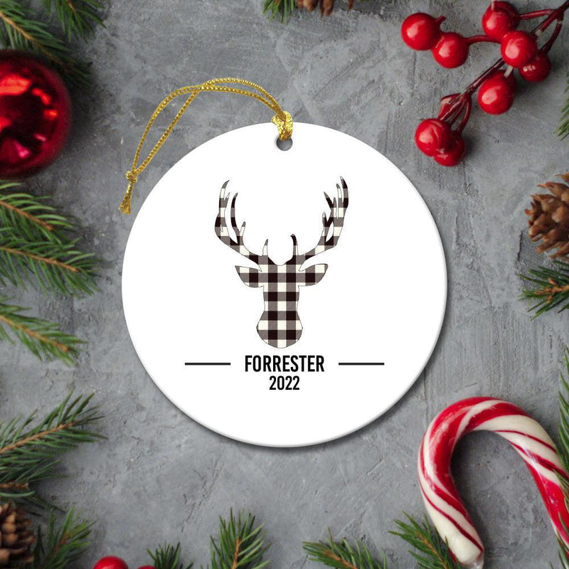 Personalized Black Plaid Deer Christmas Ornament -