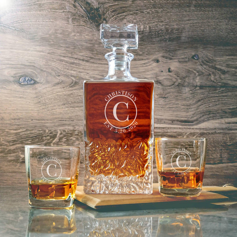 Personalized Kinsale Decanter Set with 2 Square Cocktail Glasses - Circle - JDS