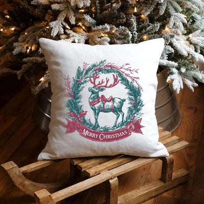 Personalized Deer Vintage Christmas Throw Pillow Cover -