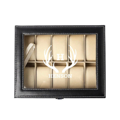 Personalized Black Leather Watch Box -