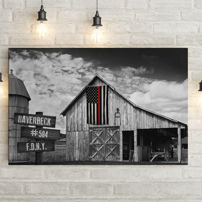 Personalized Thin Red Line Flag on Old Barn Framed Canvas Print -