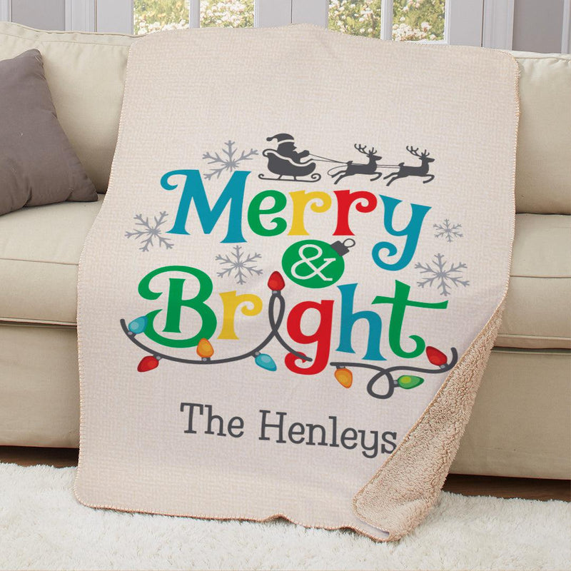 Personalized Merry and Bright Sherpa Blanket -