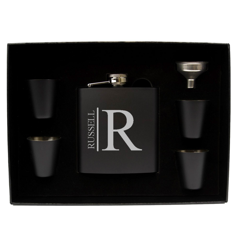 Personalized Black Flask Set - Flask & 4 Shot Glasses -