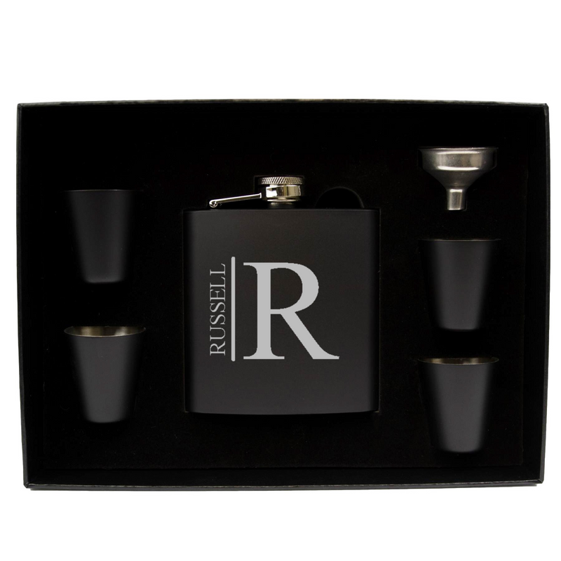 Personalized Black Flask Set -  Flask & 4 Shot Glasses -  - Completeful