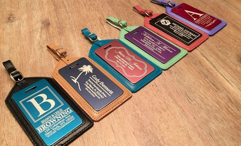Personalized Aluminum Luggage Tags with Optional Leather Casing -