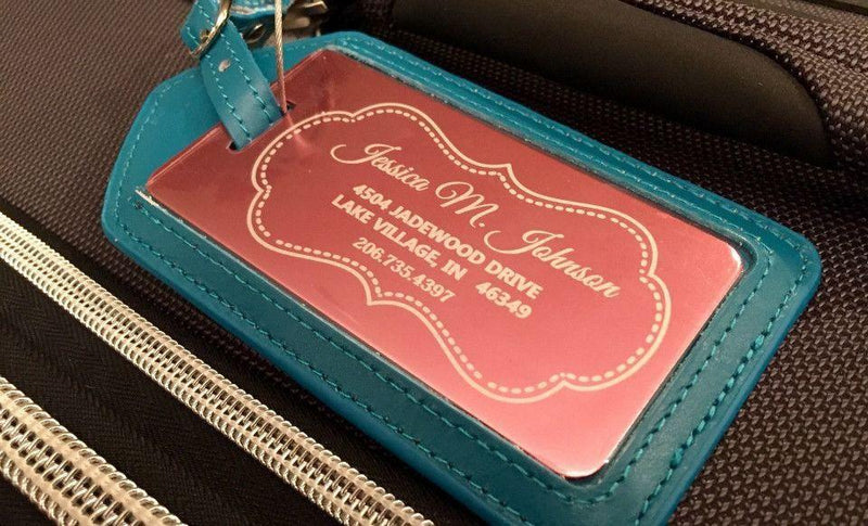 Personalized Aluminum Luggage Tags with Optional Leather Casing -