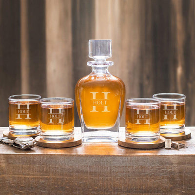 Personalized Antique Whiskey Decanter Set with 4 Lowball Glasses - Stamped - JDS