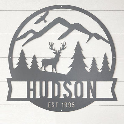Family Name Metal Sign with Mountain Scene – Hudson Design -  - Completeful