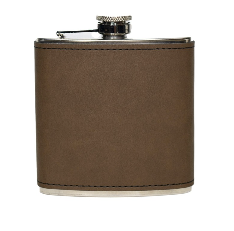 Personalized Leather Wrapped Silver Flasks - Dark Brown
