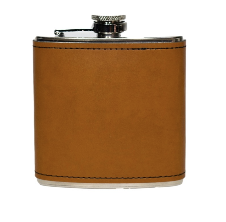 Personalized Leather Wrapped Silver Flasks - Rawhide