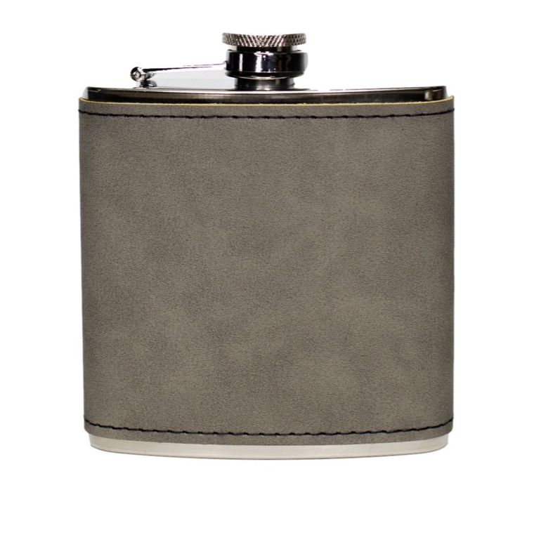 Personalized Leather Wrapped Silver Flasks - Grey