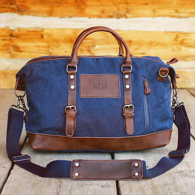 Personalized Blue Canvas and Leather Duffle Bag - Blind - JDS