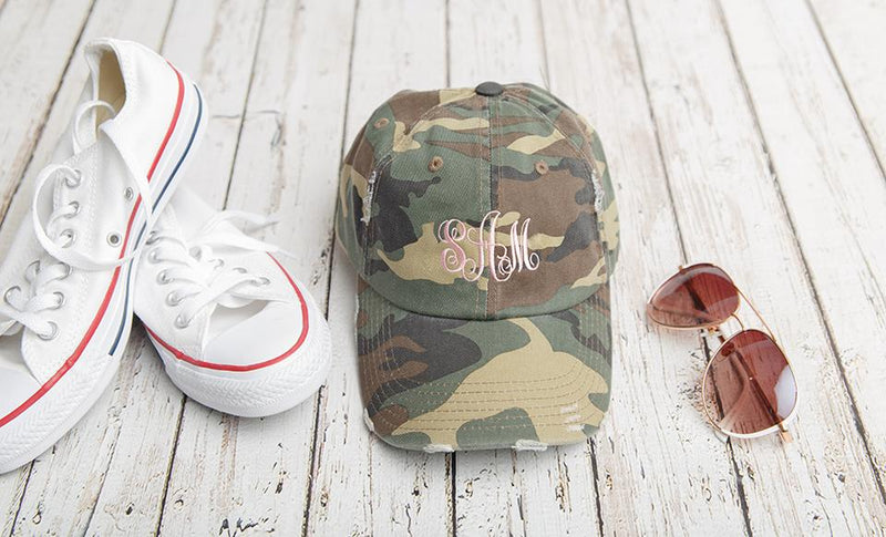 Monogrammed Distressed Baseball Hat - Camo - Qualtry