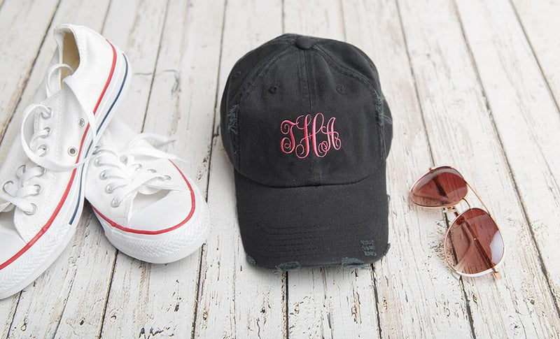 Monogrammed Distressed Baseball Hat - Black - Qualtry