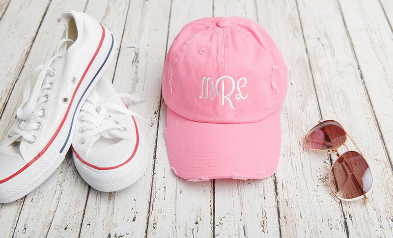Monogrammed Distressed Baseball Hat - True Pink - Qualtry