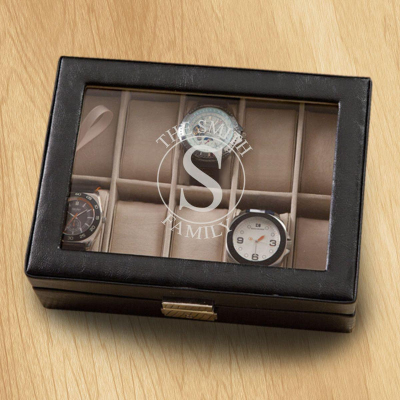 Monogrammed Watch Box - Black Leather - Holds 10 Watches -  - JDS