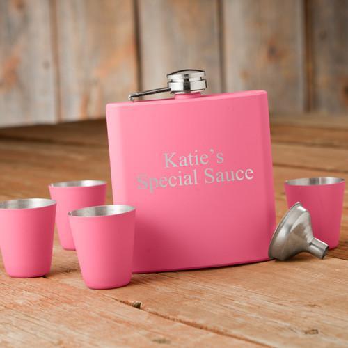 Personalized Gift Box Set Pink Flask & Shot Glass -