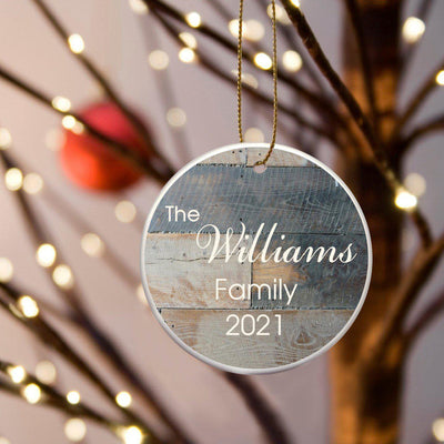 Personalized Family Name Ceramic Ornaments - Barn Wood - JDS