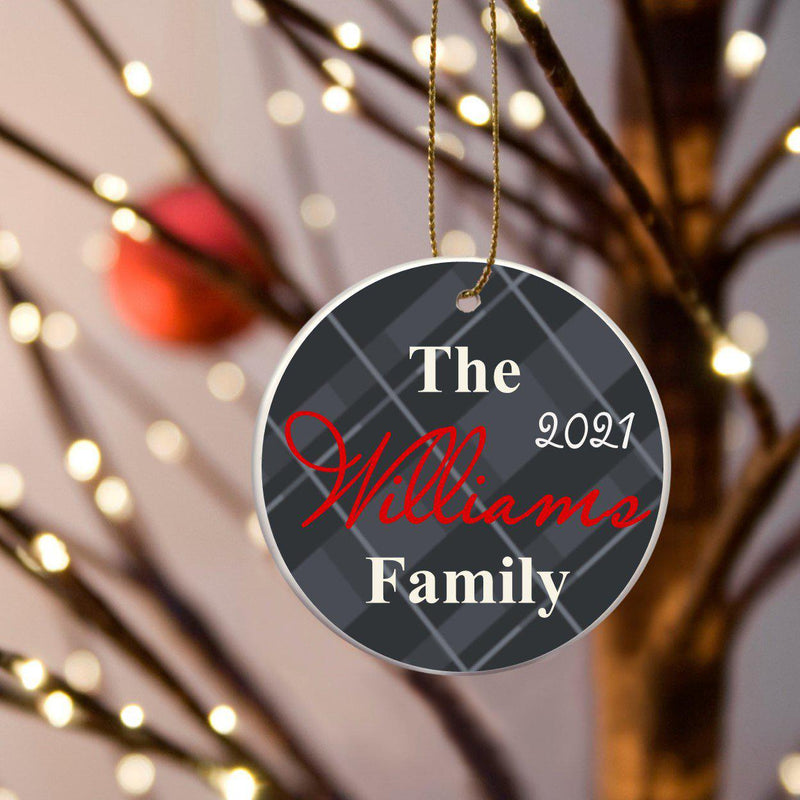 Personalized Family Name Ceramic Ornaments - Black Plaid - JDS