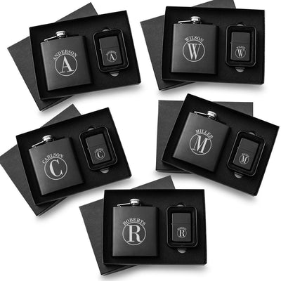 Personalized Matte Black Flask and Lighter Gift Box -Set of 5 - Circle - JDS