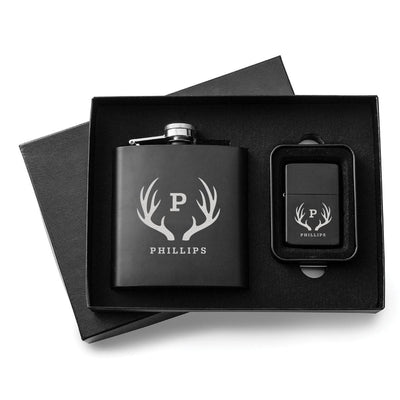Personalized Flask & Lighter Gift Set - Antlers
