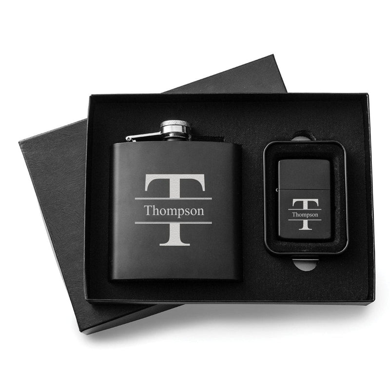 Personalized Flask & Lighter Gift Set - Stamped