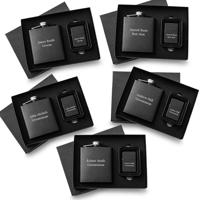 Personalized Matte Black Flask and Lighter Gift Box -Set of 5 - 2Lines - JDS