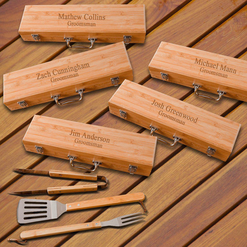Personalized Grilling BBQ Set - Set of 5 - Bamboo Case - 2Lines - JDS