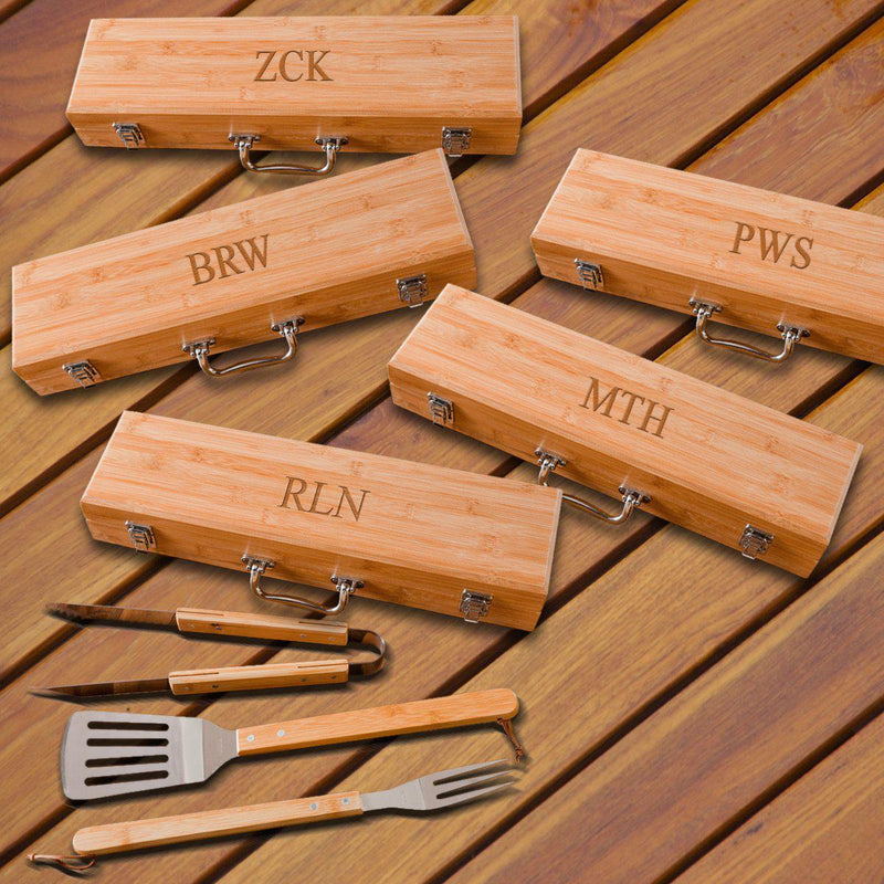 Personalized Grilling BBQ Set - Set of 5 - Bamboo Case - 3Initials - JDS