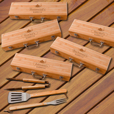 Personalized Grilling BBQ Set - Set of 5 - Bamboo Case - Chef - JDS