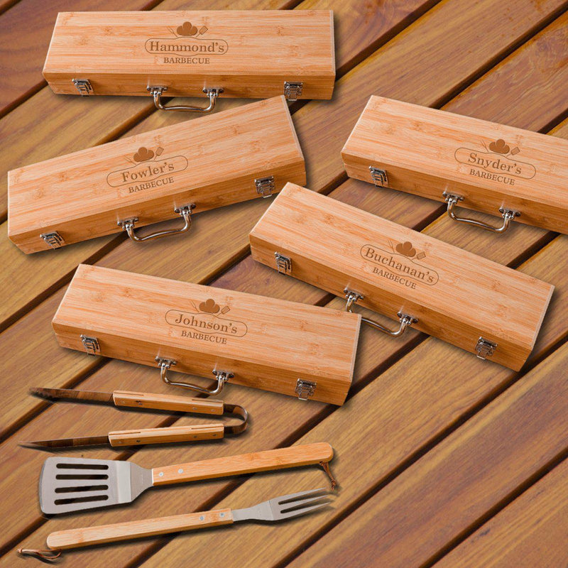 Personalized Grilling BBQ Set - Set of 5 - Bamboo Case - Chef - JDS