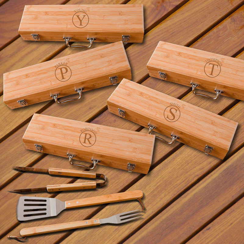 Personalized Grilling BBQ Set - Set of 5 - Bamboo Case - Circle - JDS