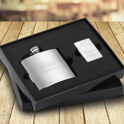 Personalize Brushed Silver Flask and Lighter Gift Set -  - JDS