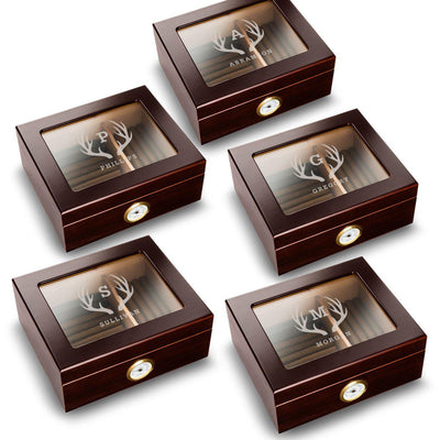 Personalized Trinidad Glass Top Mahogany Humidors - Set of 5 - Antlers - JDS