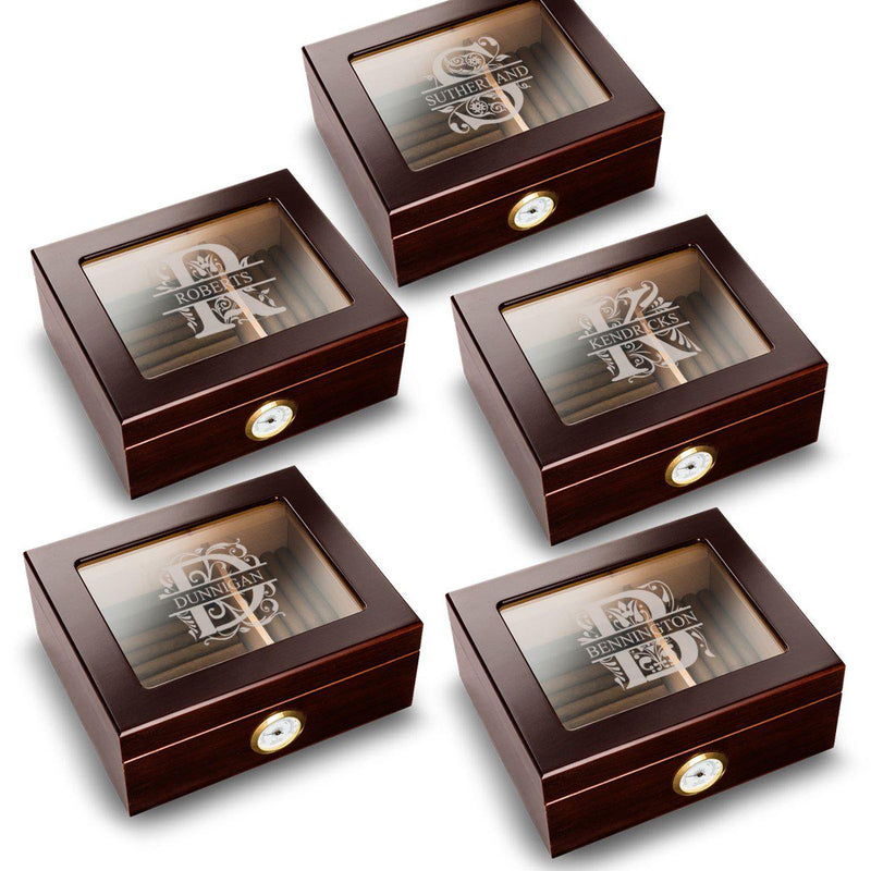Personalized Trinidad Glass Top Mahogany Humidors - Set of 5 - Filigree - JDS