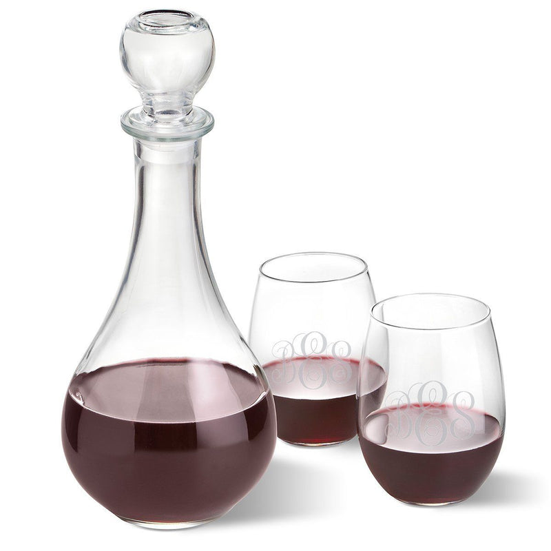 Personalized Wine Decanter Set with 2 Wine Glasses - InterlockingMonogram - JDS