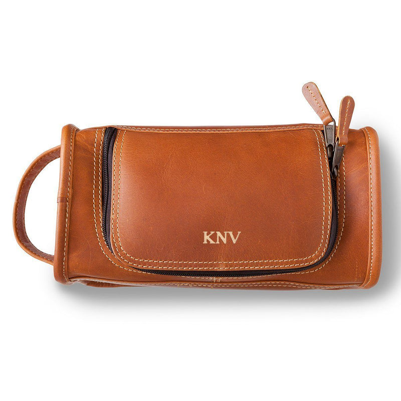 Personalized Leather Tan Distressed Toiletry Bag - Gold - JDS