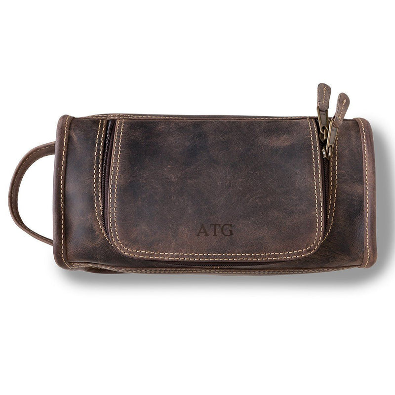 Personalized Distressed Leather Brown Toiletry Bag - Blind - JDS
