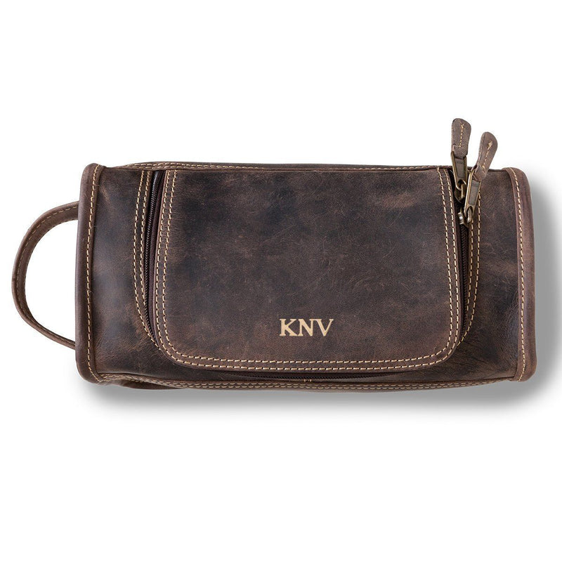 Personalized Distressed Leather Brown Toiletry Bag - Gold - JDS