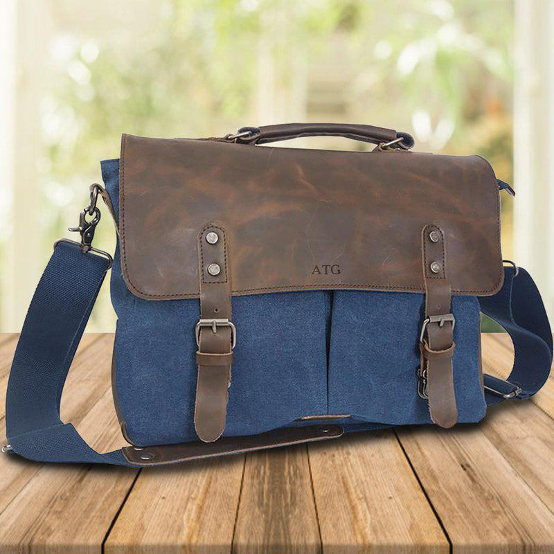 Personalized Blue Borello Leather & Canvas Messenger Bag - Blind - JDS
