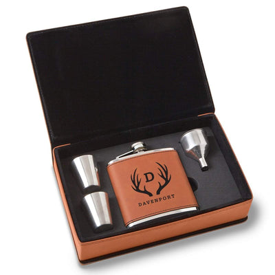 Personalized Rawhide Flask Set - Antler - Lazerworx