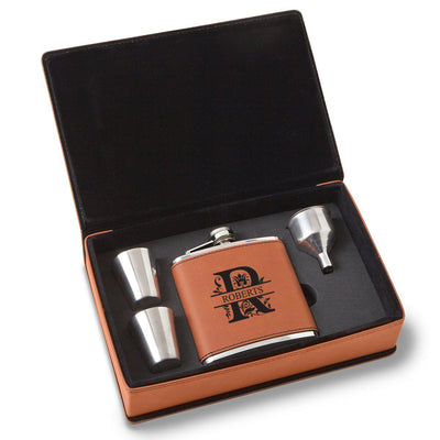 Personalized Rawhide Flask Set - Filigree - Lazerworx
