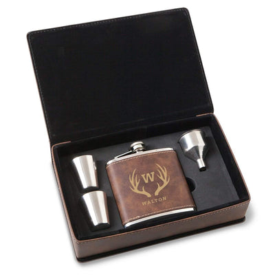Personalized Rustic Vegan Leather Stainless Steel Flask Set - Antler - JDS