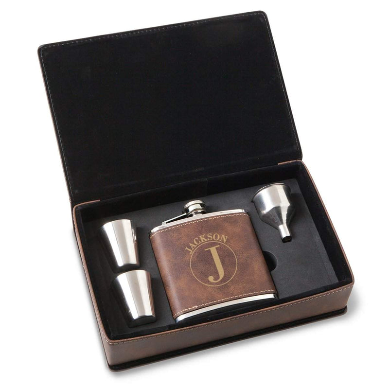 Personalized Rustic Vegan Leather Stainless Steel Flask Set - Circle - JDS