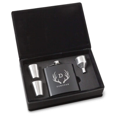 Personalized Black Stainless Steel Flask Set - Antler
