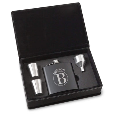 Personalized Black Stainless Steel Flask Set - Circle