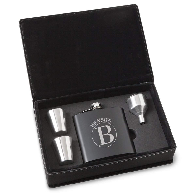 Personalized Black Stainless Steel Flask Set - Circle
