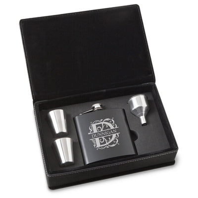 Personalized Black Stainless Steel Flask Set - Filigree